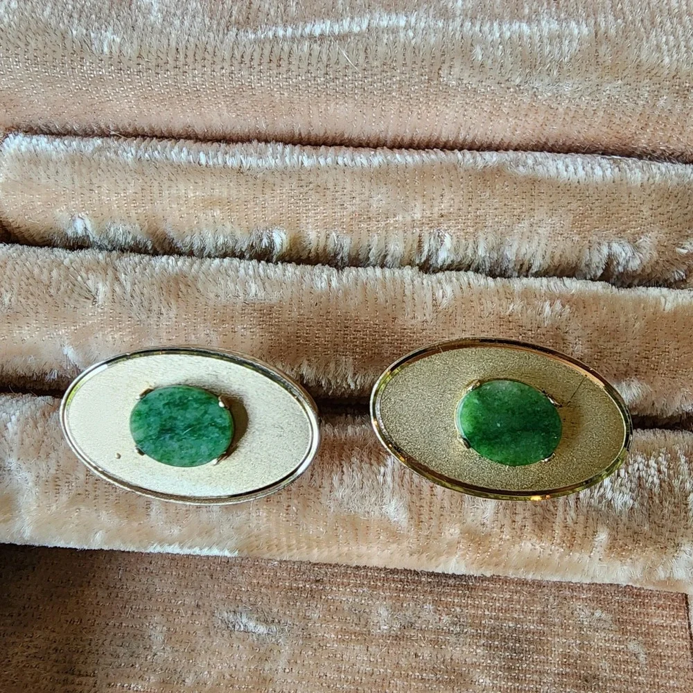 DANTE‎ Cufflinks Vintage Green Jade Stone Gold Tone Classic Menswear